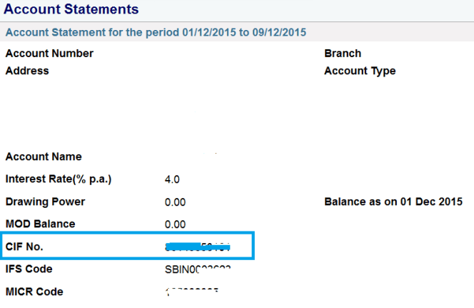 sbi net banking cif number